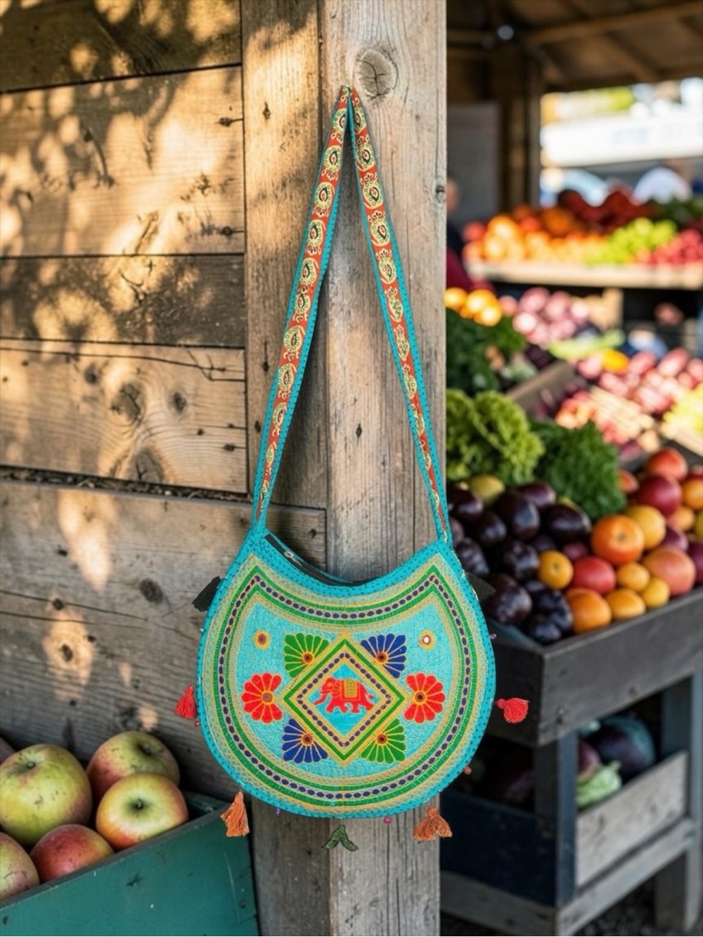 Tribe Azure Blue Boho Embroidered Elephant Crossbody Sling Bag NWT